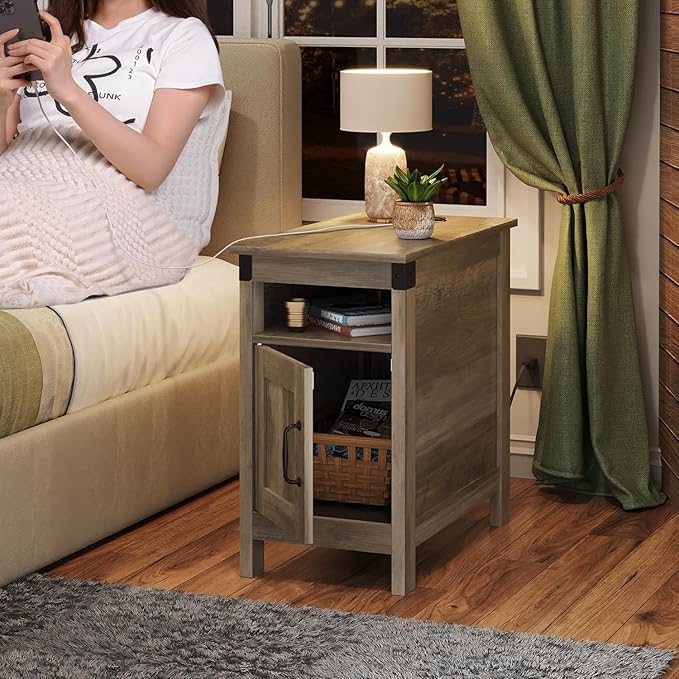 WLIVE Farmhouse End Table Set of 2 with Charging Station, Narrow Side Tables Living Room, Bedroom, Couch with USB Ports and Outlets, Wood Nightstand Sets with Storage, Greige