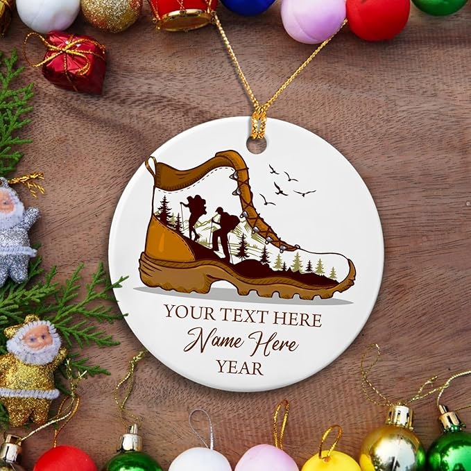 Hiking Boot Ceramic Ornaments, Personalized for Men Women, Hiking Adventure Xmas Ornament Gift for Hikers, Custom Hiker Ornament Christmas Tree with Name, Hiking Nature Lover Gifts