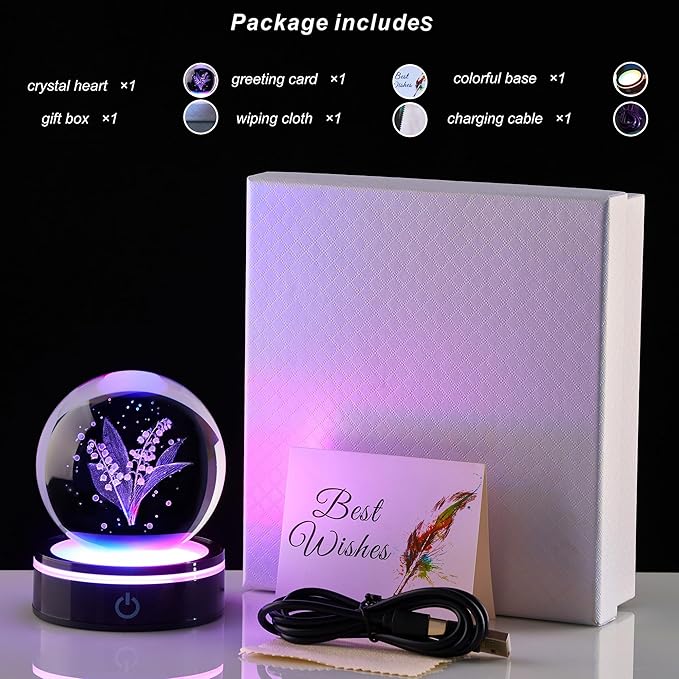 3D Linglan Flower Statue, Colorful LED Base, Suitable for Friends, Teachers, Mothers, Birthdays, Friends, Colleagues, Wives as Gifts, Linglan Flower Decorative Glass Ball as a Love Desktop Gift