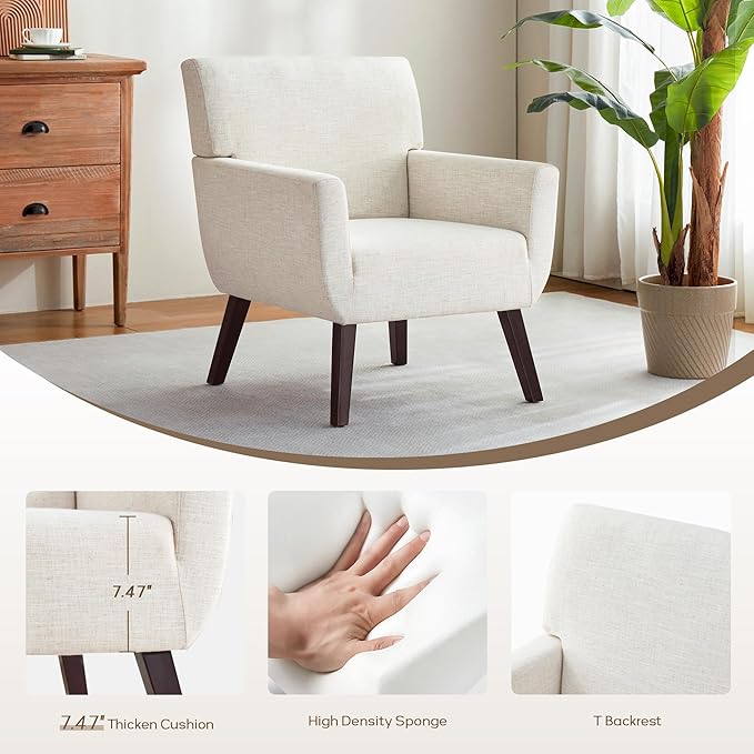 Upholstered Accent Chair,Mid Century Modern Office Fabric Small Living Room Chair with Arm,Comfy Wingback Armchair for Bedroom Reading (Beige, 2 PC)