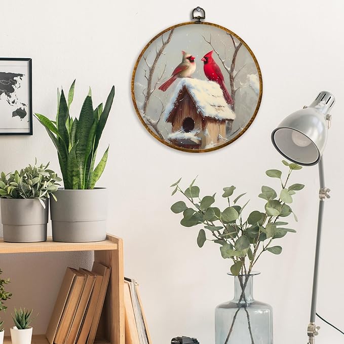 XPH Rustic Winter Cardinal Bird Round Wall Art Framed, Farmhouse Red Cardinal Circle Wall Decor, Cozy Winter Bird Hanging Canvas Prints for Home Bedroom Living Room Decoration, 10x10 Inch