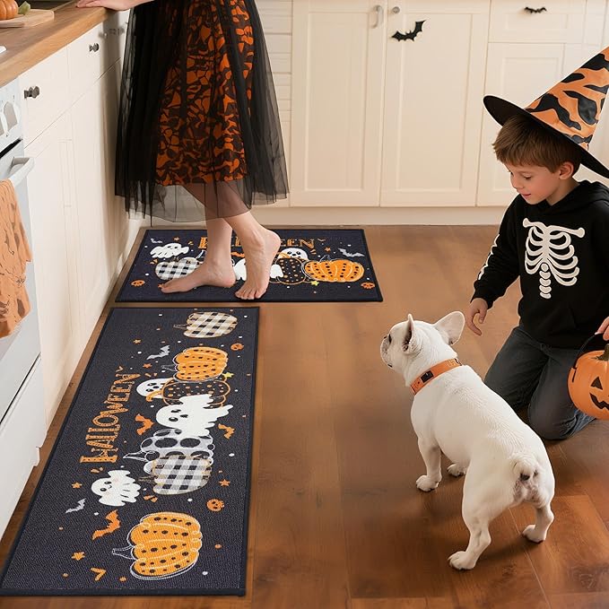 JSEI Halloween Holiday Kitchen Mats for Floor, Non-Slip Ghost and Pumpkins Decorative Kitchen Rugs Set of 2, Home Decor Low-Profile Kitchen Runner Rug Washable, 17"x30"+17"x48", Pumpkins Party Pattern
