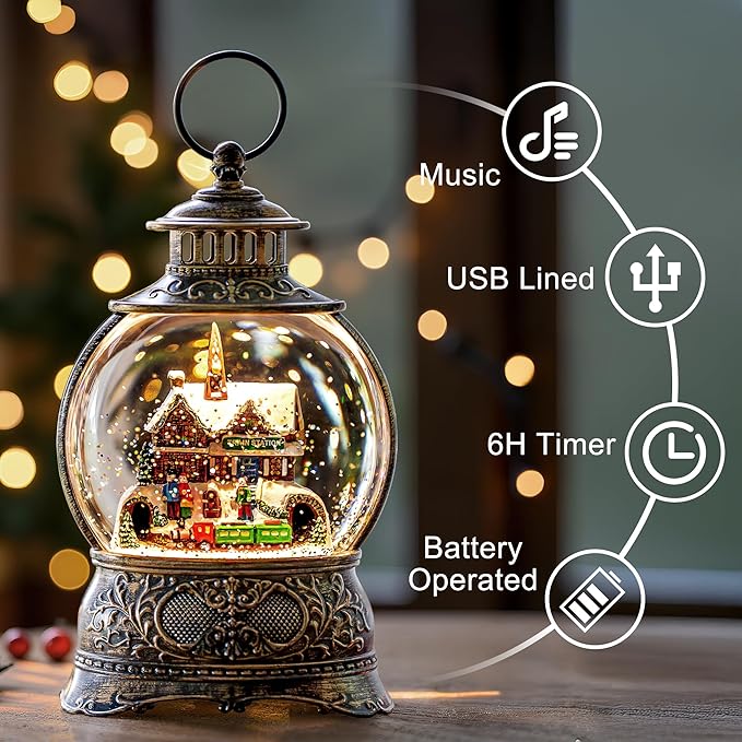 9.8" Christmas Snow Globe Water Lantern with Train Station Scene Battery Operated or USB Powered Musical Lighted Holiday Decoration for Tabletop Display for Family and Friends
