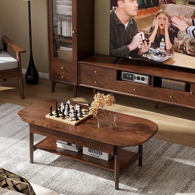 100% Solid Oak Wood Coffee Table for Living Room, 2-Tier Mid-Century Modern Table with 2 Drawers & Open Shelf, Living Room Table with Rounded Corner for Home (Oak Walnut Finish, 47.24'' W)