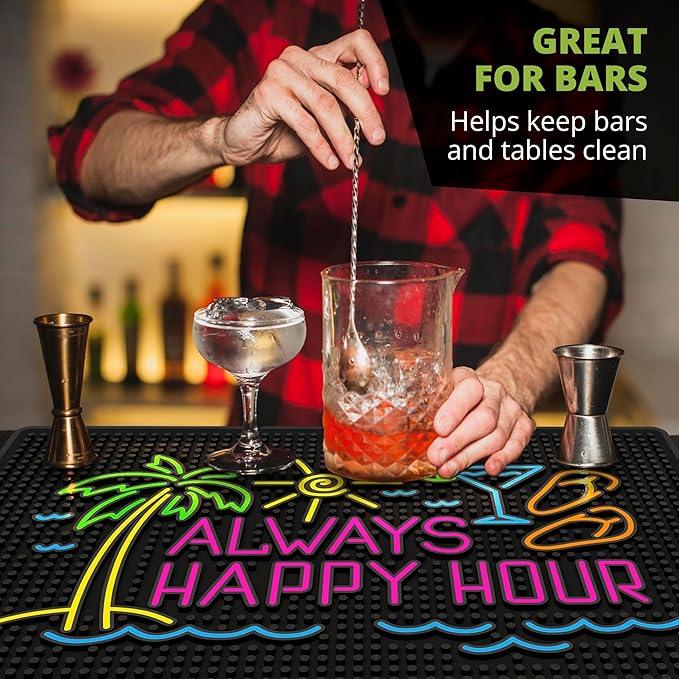Premium Quality Always Happy Hour Bar Mat, Tiki Bar Mat for Bartending 18x12, Outdoor Tiki Bar Decor, Durable Bar Mats for Countertop, Drying Mat for Home Bar, Perfect Home Bar Accessories Xmas Gift