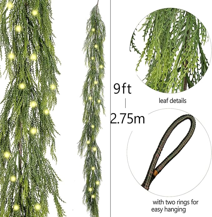 9ft Handmade Christmas Garland,Cedar Artificial Greenery with LED Lights,Seasonal Garland for Fireplace Indoor Outdoor Winter Holiday Decoration
