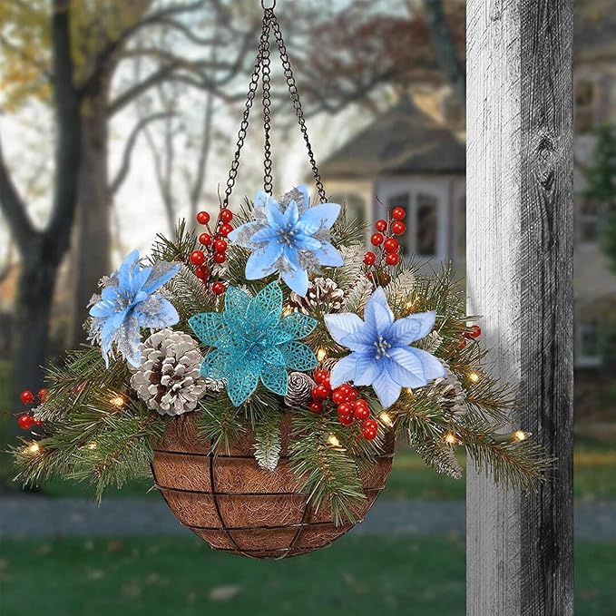 Floweroyal 30pcs Poinsettia Artificial Christmas Flowers Decorations with Clips and Berry Stems Glitter Ornaments for Christmas Tree Wreath Fireplace Stairs Decor (Blue-3 Styles)