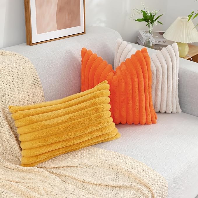 decorUhome Faux Fur Throw Pillow Covers 12x20 Set of 2, Decorative Soft Plush Striped Lumbar Neutral Couch Euro Pillow Covers with Velvet Back for Sofa, Bed, Living Room Home Decor, Beige