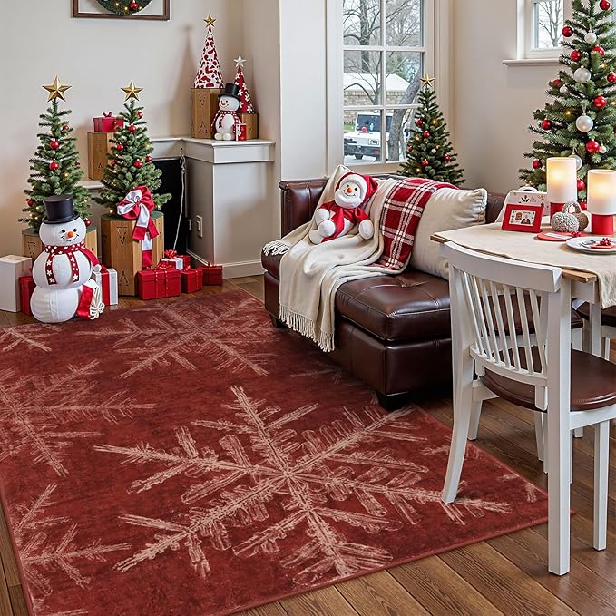 Lahome Snowflake Christmas Area Rugs, 4x6 Indoor Christmas Rug for Bedroom Non Slip Washable Living Room Rugs Holiday Decor Soft Red Rug Throw Carpet for Entryway Kitchen Dining Room(4'x 6',Red)
