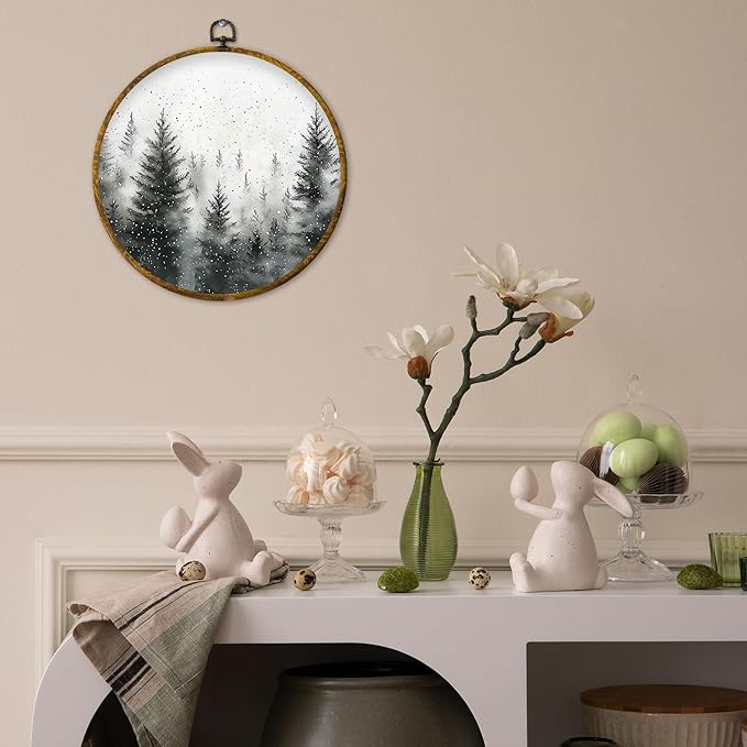 QZQE Pine Tree Winter Round Wall Art Decor Framed, Rustic Snowy Landscape Forest Circle Canvas Prints, Cozy Winter Farmhouse Christmas Wall Hanging Decor for Home Bedroom Living Room, 10x10 Inch