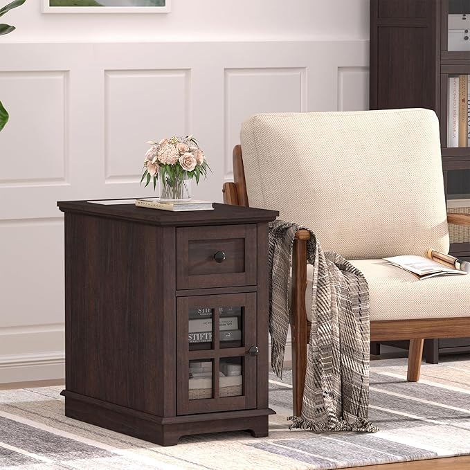 HIFYOBRO End Table with 1 Drawer, Storage Side Table with Flip Top Charging Station, Type-C & USB Port & Power outlets, Wooden Storage Cabinet for Bedroom/Living Room