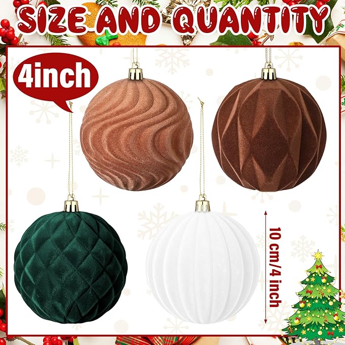 4 Pcs 4 Inch Large Velvet Christmas Ball Ornaments Vintage Christmas Plastic Ball Ornaments Flocked Tree Hanging Decoration for Xmas Party Wedding Home Decor(Brown Green White)