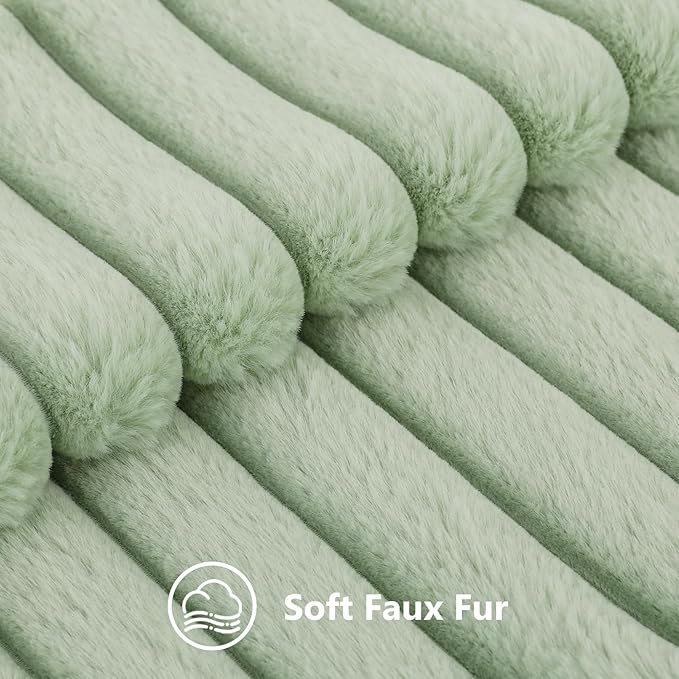 decorUhome Faux Fur Christmas Throw Pillow Covers 20x20 Set of 2, Decorative Soft Plush Striped Neutral Couch Euro Pillow Covers with Velvet Back for Sofa, Bed, Living Room Home Decor, Sage Green