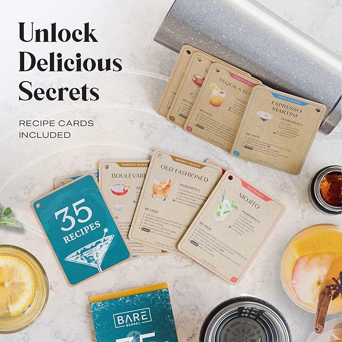 Insulated Cocktail Shaker Set | Double Wall Stainless Steel | Martini Shaker for Home Bar Bartending | Built-in Drink Measurement System & Strainer, Travel Bag, 35 Recipes | Gift Set (Antique Silver)