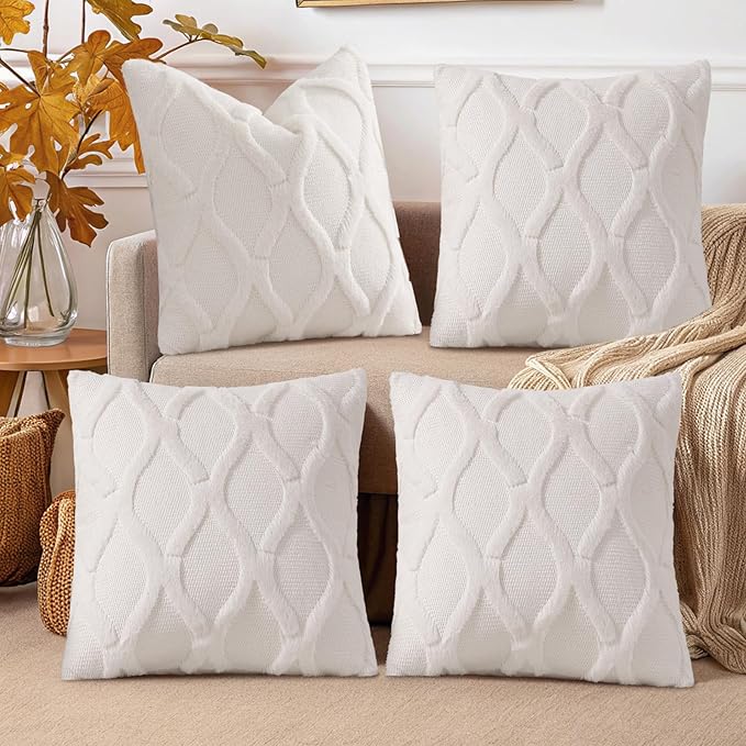 decorUhome Set of 4 Cream White Throw Pillow Covers 16x16 Inch, Neutral Decorative Soft Plush Faux Wool Couch Pillow Covers, Farmhouse Pillow Cases for Living Room Bed Sofa