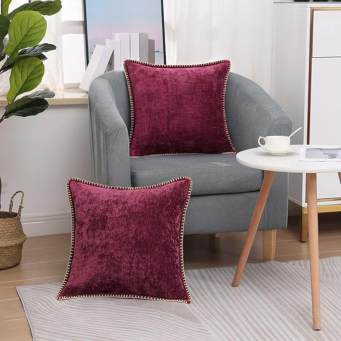 decorUhome Christmas Chenille Soft Throw Pillow Covers 16x16 Set of 2, Farmhouse Velvet Neutral Decorative Euro Pillow Covers with Stitched Edge for Couch Sofa Bed Home Decor, Rhododendron