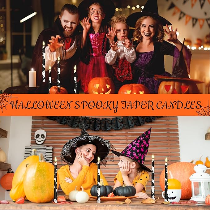 Halloween Decor Flameless Taper Candles with Remote & Timer - White Ghost Decal Black LED Taper Candles with Timer - Home Party Horror Theme Haunted House Decorations, Set of 2