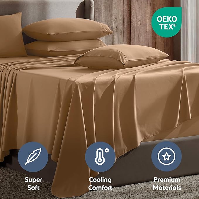 Nestl Extra Deep Full Sheet Set - 6 Piece Breathable & Cooling Sheets - Hotel Luxury Bedding Set w/18-24 Inch Deep Pockets - Easy & Secure Fit - Super Soft, Wrinkle Free & Comfy - Mocha Brown