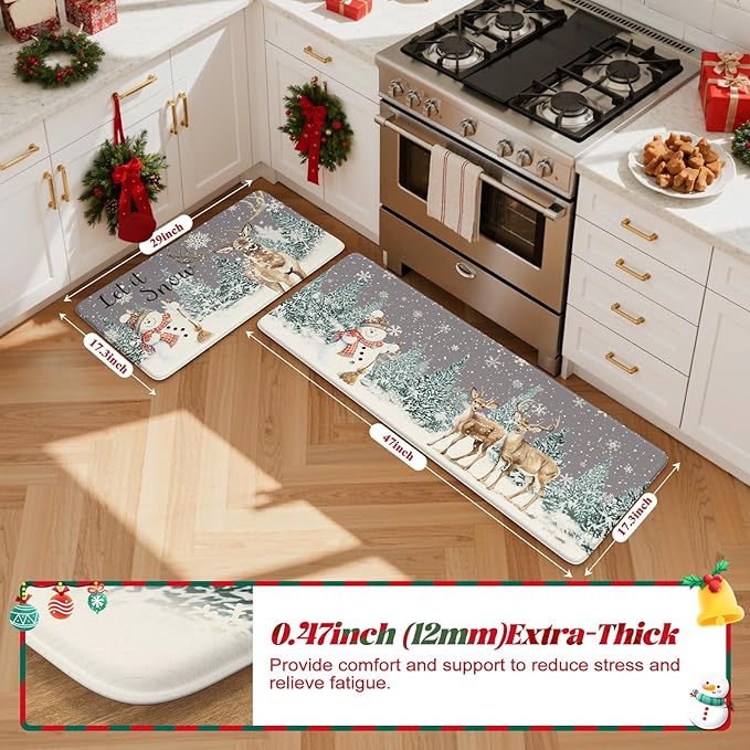 Collive Christmas Snowman Kitchen Mats, Cushioned Anti Fatigue Winter Xmas Tree Kitchen Rugs Sets of 2 Waterproof Elk Sink Mat, Non Slip Comfort Standing Floor Rug for Desk Home Decorations, Grey