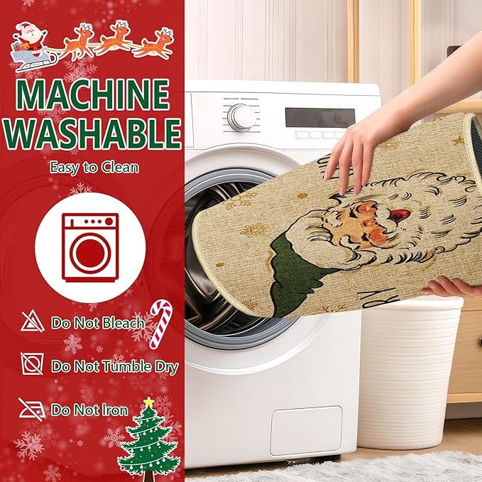 Christmas Snow Santa Kitchen Rugs and Mats Non Skid Washable Set of 2, Xmas Kitchen Mats for Floor Decor