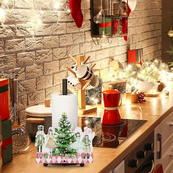 Yookeer Christmas Paper Towel Holder Nutcracker Floral Holly Buffalo Plaid Christmas Tree Towels Paper Holder for Kitchen Countertop Bathroom Home Farmhouse Winter Replaceable Xmas Tree Decor Indoor