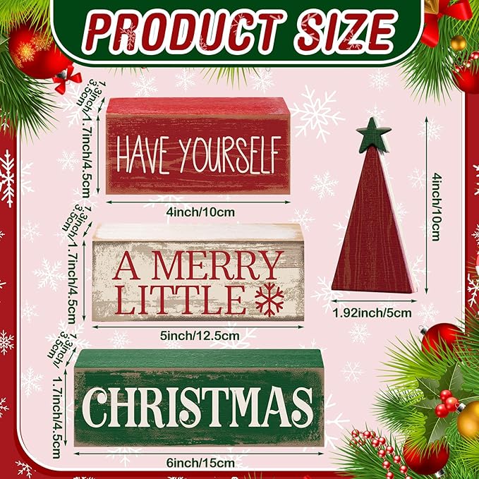 4 Pcs Christmas Decor Wooden Christmas Tree Winter Tiered Tray Decor Xmas Table Centerpiece Rustic Decorative Tree Block Signs Gift Farmhouse Winter Table Decoration for Home Kitchen