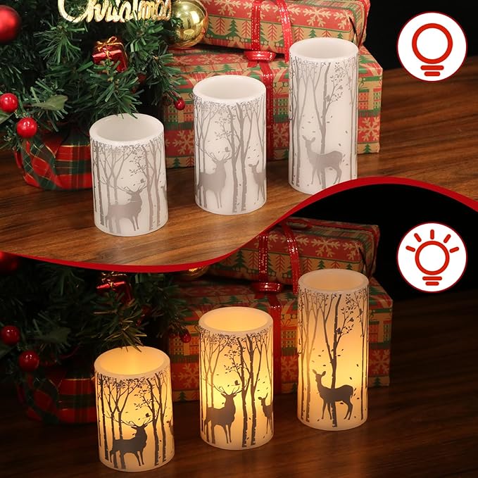 DRomance Silver Deer Flameless Flickering Candles Battery Operated with 6H Timer, 3 Pack Real Wax Warm Light LED Pillar Candles Dinner Tabletop Holiday Centerpiece Decor 3" x 6"