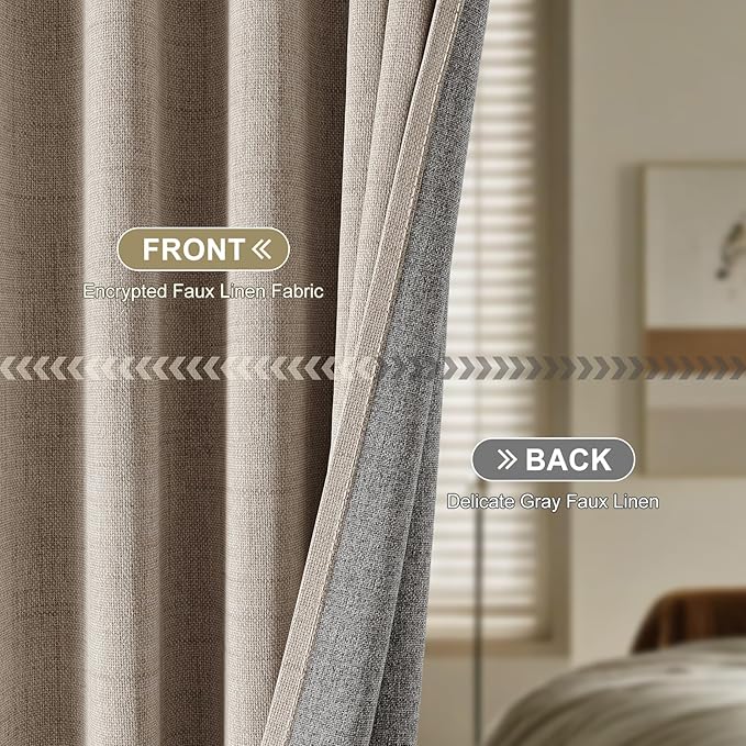 100% Blackout Curtains for Bedroom, Thermal Insulated Curtains 63 Inch Length Curtain 2 Panels, Luxury Soft Farmhouse Linen Textured Full Light Blocking Room Darkening Drapes, W52xL63, Brown