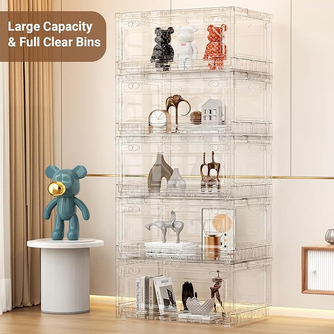 BROVIEW Clear Stackable Storage Bins Drawers, 320Qt Open Front Large Plastic Storage Bins with Lids and Wheels, Foldable Closet Organizers and Storage for Wardrobe Cabinets, Pantry, Makeup,4 Pack