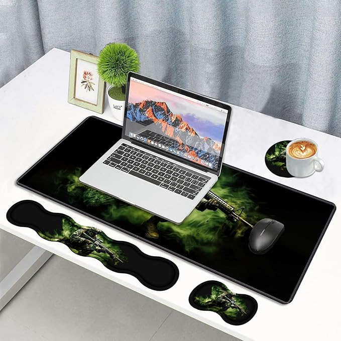 4 in 1 Ergonomic Memory Foam Mouse Pad Wrist Rest Set, Large XXL Gaming Desk Pad + Keyboard Wrist Rest + Mouse Wrist Cushion + Coaster for Home Office Study Gaming, American Army Troops Soldiers