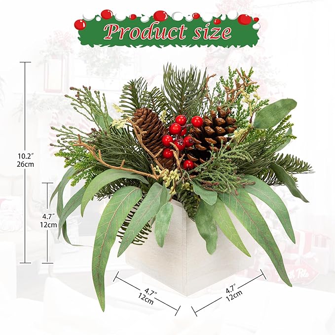 DILATATA Christmas Centerpieces 8 Inch Artificial Christmas Plant in Square Wooden Pot Tabletop Pine Plants with Red Berries Pine Cones Eucalyptus for Winter Holiday Party Fireplace Mantel Xmas Decor