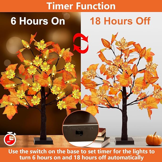 Fall Decor 2 Pack 24 Inch Prelit Fall Maple Tree with 48 LED Lights Battery Operated Timer Light Up Artificial Maple Acorn Tree for Fall Thanksgiving Tabletop Home Indoor Halloween Decor