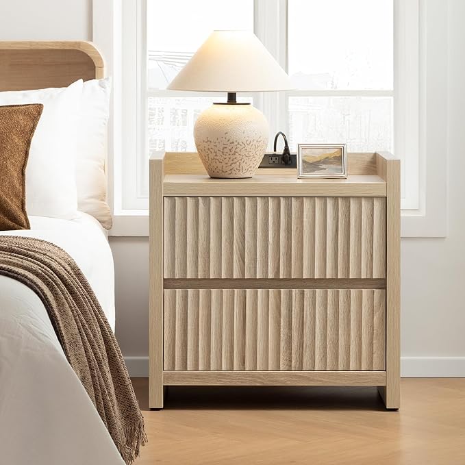 SICOTAS Fluted Night Stand Set 2 - Nightstands with Charger Station, Large Modern Bedside Table End Table with 2 Drawers, 25" Wide Farmhouse Nightstand for Bedroom (Light Oak, 2 Pieces)