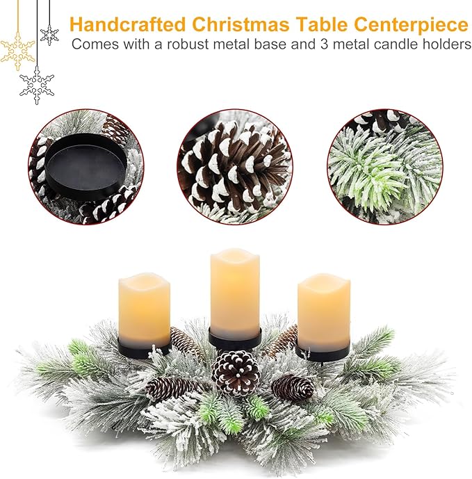 Christmas Table Centerpieces Decorations, 27.5 Inch Designed with Flocked Pine Needles, Frosted Pine Cones for Dining Table Mantel (Snowy)