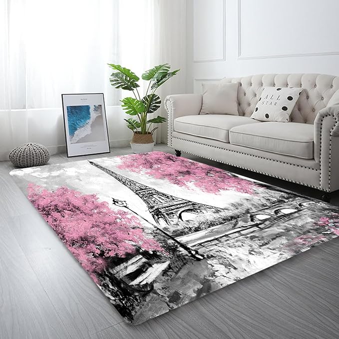 kxry 5 * 7 Feet Pink and White Paris Eiffel Tower Soft Area Rugs for Kids Girls Women Couple Lover Flower Floor Carpet for Living Room Bedroom Dorms Nursery Rooms Home Decor Aesthetic