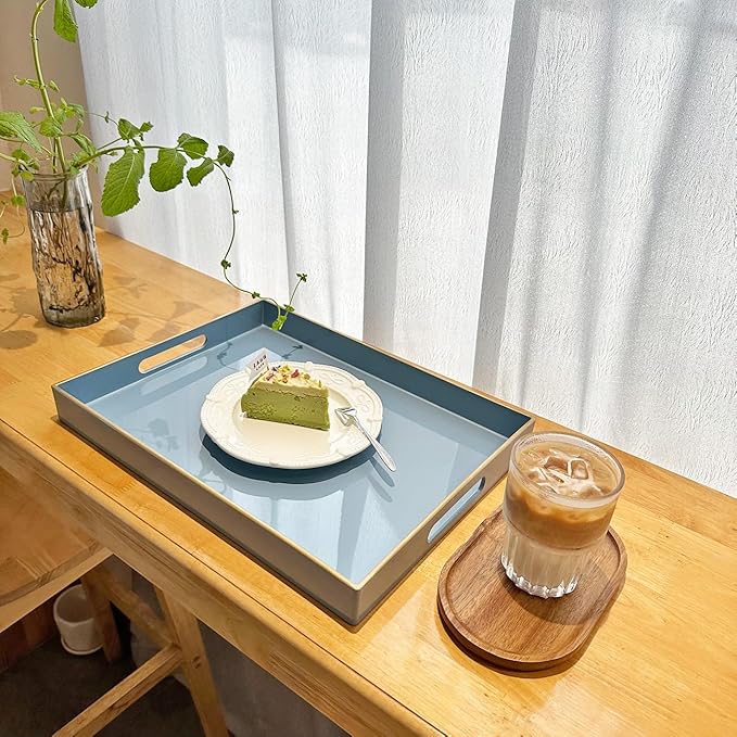 Blue Sturdy Acrylic Serving Tray with Handles-15.7x11.8Inch, Morden Plastic Rectangular Serving Tray for Coffee Table Bathroom, Ottoman, Home Decor(Rectangular - Light Blue)