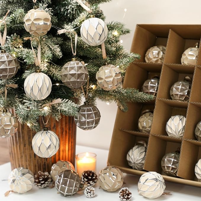 Syhood 24 Pcs Neutral Textured Christmas Ball Ornaments 2.4 Inch Vintage Xmas Tree Decorations Rustic Distressed Xmas Baubles Antique Farmhouse Modern Christmas Decor for Tree Home (Brown)