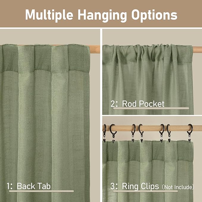 LAMIT Sage Green 72 inch Linen Curtains for Living Room 2 Panels, Linen Textured Light Filtering Semi Sheer Back Tab and Rod Pocket Window Curtain Panels for Bedroom/Farmhouse, 52 x 72 Inch