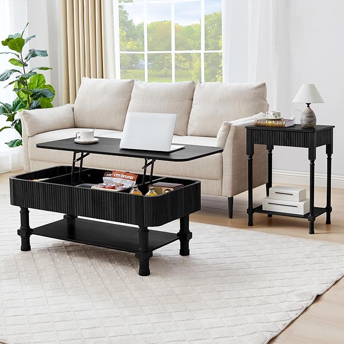 23.6” Large End Table with Charging Station, Modern Farmhouse Side Table Sofa Tables with Fluted Drawer, Wooden Bedside Table Night Stand for Bedroom Living Room Home Office, Black