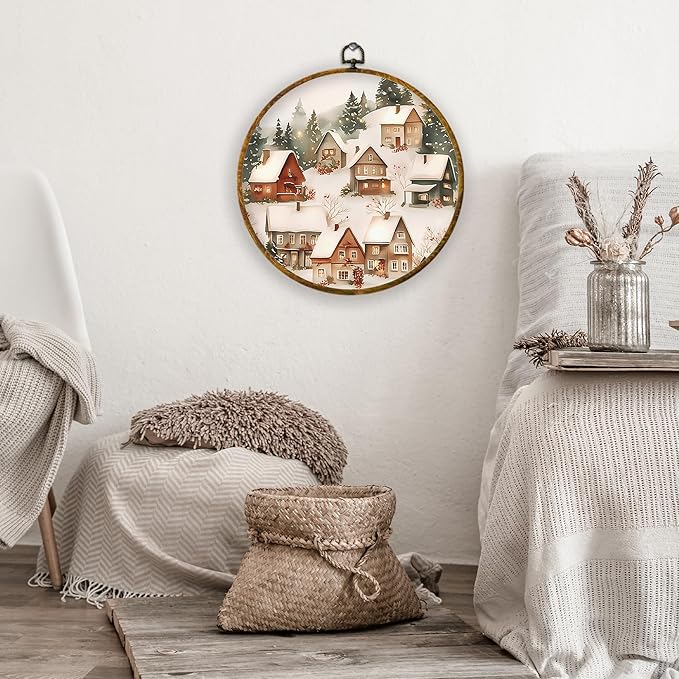 XPH Vintage Christmas Winter Village Round Wall Art Framed, Rustic Winter Snowy Circle Wall Decor, Cozy Christmas Landscape Hanging Canvas Prints for Home Bedroom Living Room Decoration, 10x10 Inch