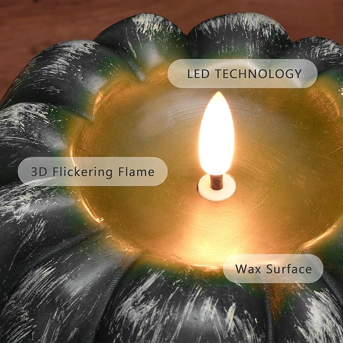 Fall Flameless Led Pumpkin Candles with Remote, Real Wax Pumpkin Shaped Battery Operated Flickering Candles with Timer for Thanksgiving Decor, Fall Home Decor, Halloween Decorations, Green