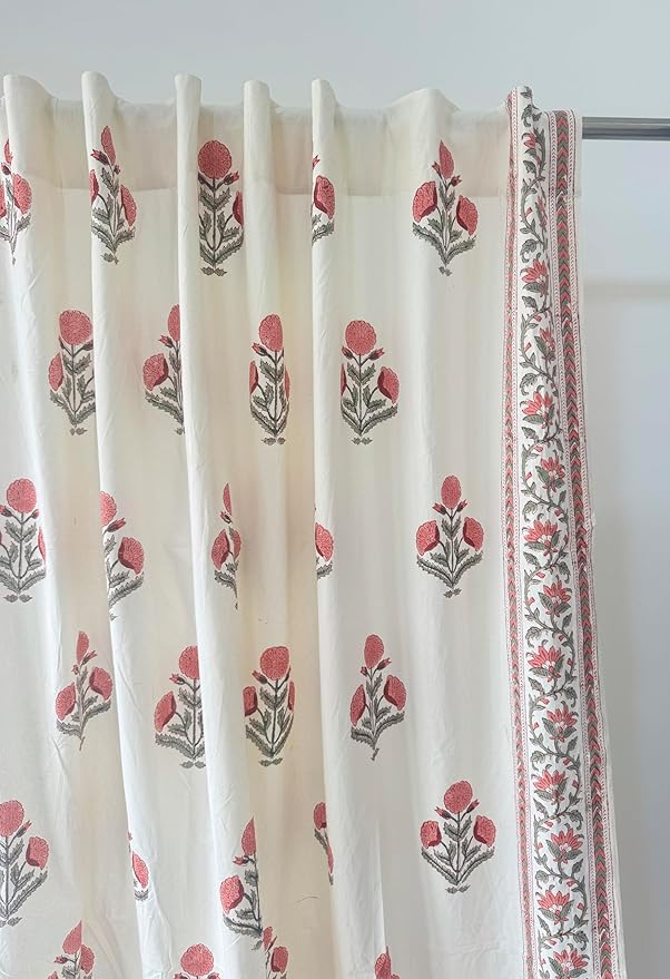 ATOSII 100% Cotton Single Panel Block Print Curtain, Easy Hanging with Rod Pocket & Loop, Living Room, Dining Room, Bedroom Light Filtering Boho Curtains, Set of 1, 60" W X 84" L, Flora Pink Poppy