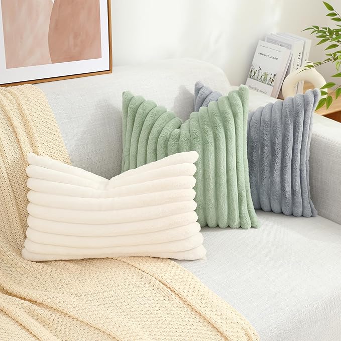 decorUhome Faux Fur Throw Pillow Covers 22x22 Set of 2, Decorative Soft Plush Striped Neutral Couch Euro Pillow Covers with Velvet Back for Sofa, Bed, Living Room Home Decor, Grey