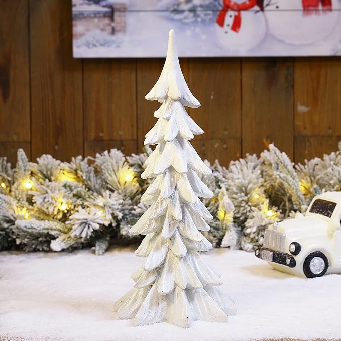 glitzhome Hand-Painted Resin Christmas Tree Tabletop Xmas Holiday Centerpiece Decoration, 14.75" H, White
