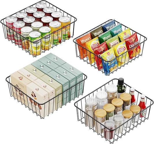 iSPECLE Wire Basket - 4 Pack Wire Storage Baskets Organizer Bins, Pantry Cabinet Shelf Kithen Storage Organization for Easily Get Items, Black