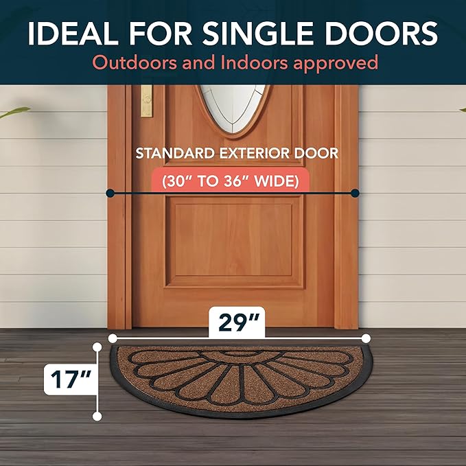 ubdyo Front Door Mat - Low Pile Front Half Circle Door Mat Outside Entrance - Muddy Dirt Trapping Welcome Matt Outdoor - Rubber Backing Anti Slip Indoor Doormat Entrance, 29" x 17", Bright Brown