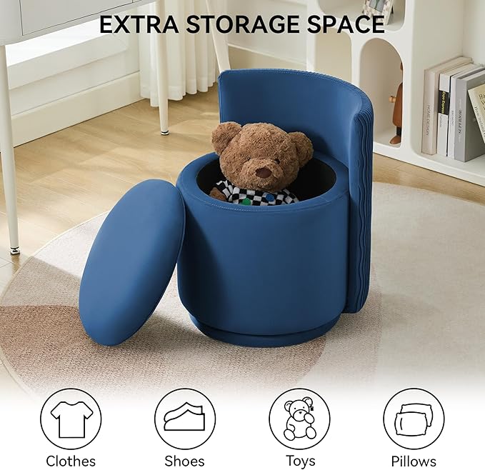 Velvet Vanity Chair with Storage, 360° Swivel Makeup Chair with Wave Back, No Assembly Small Accent Stool for Bedroom, Dressing, Living Room, Blue