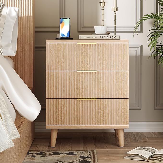 Fluted Night Stand Set of 2 with USB Charging Station, 3-Drawer Dresser Wood Modern Night Stand Bedside Table with Quiet Drawers & Large Storage End Table for Bedroom