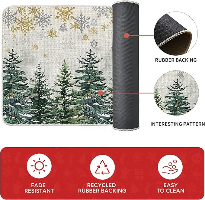 Artoid Mode Xmas Trees Deer Snowflakes Christmas Kitchen Mats Set of 2, Winter Home Decor Low-Profile Kitchen Rugs for Floor - 24"x36"+24"x59"+24"x72"