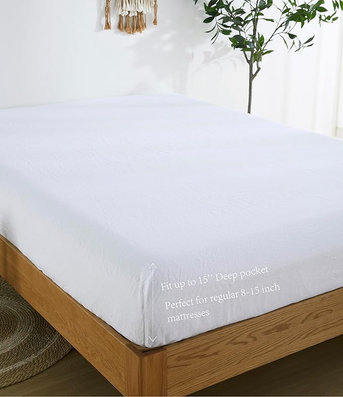 100% Linen Fitted Sheet Twin(1 Piece), 15 Inch Deep Pocket Mattress Cover French Flax Stone Washed Farmhouse Soft Breathable Bottom Sheets(White, Twin)